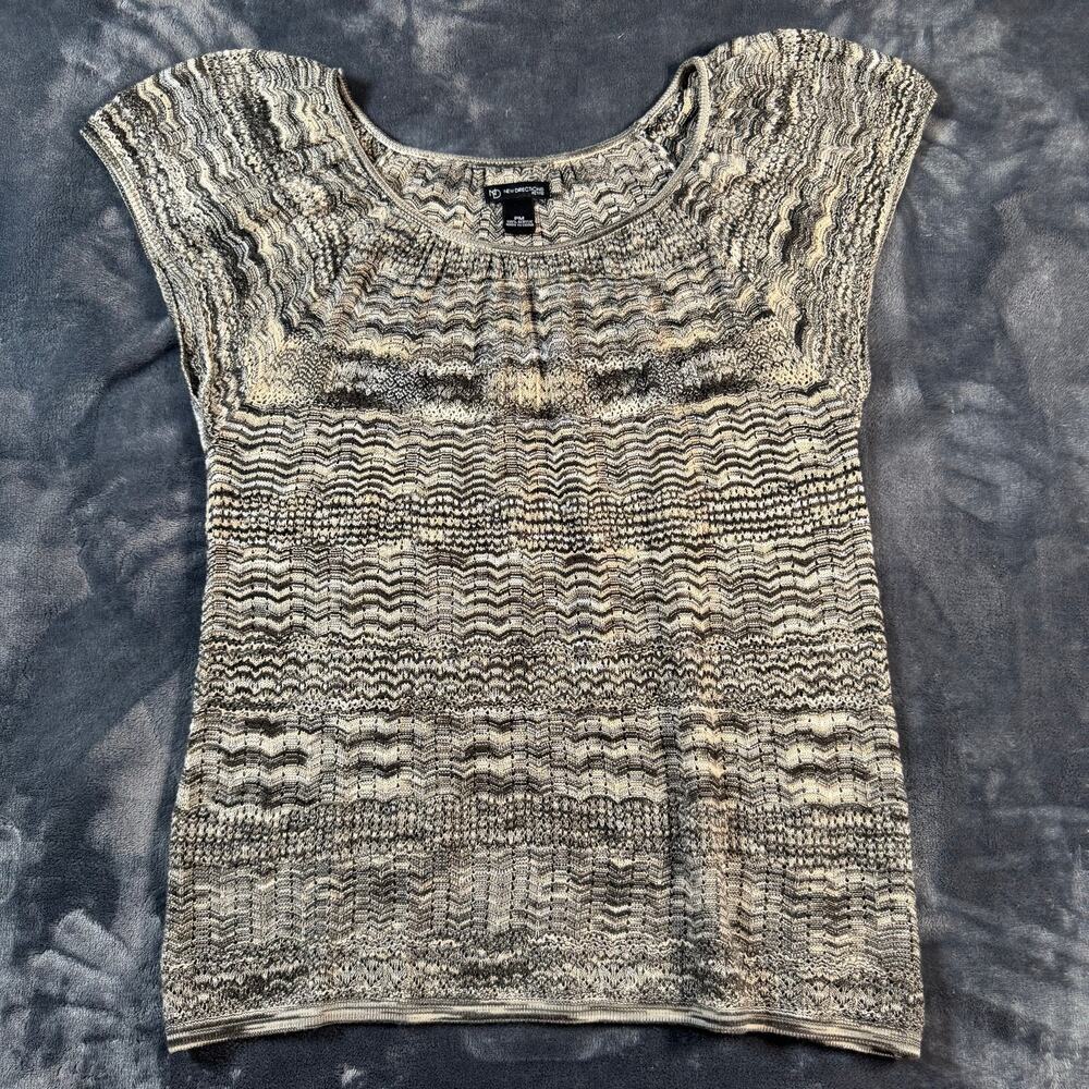 New Directions Petite PM Black White Space Dye Knit Sweater Top Cap Sleeve